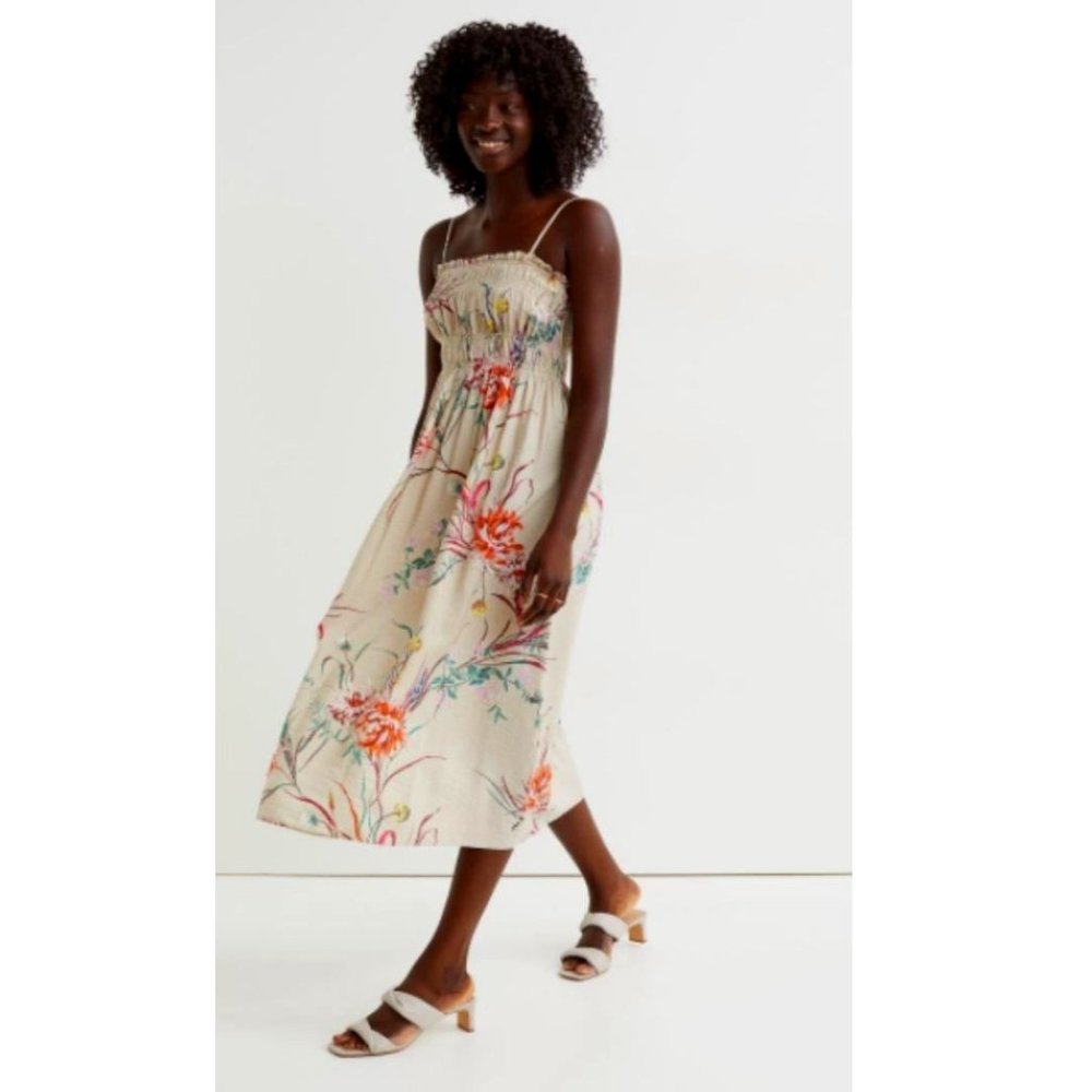 NWT H&M FLORAL BEIGE SPAGHETTI STRAPS SMOCK SUMMER DRESS